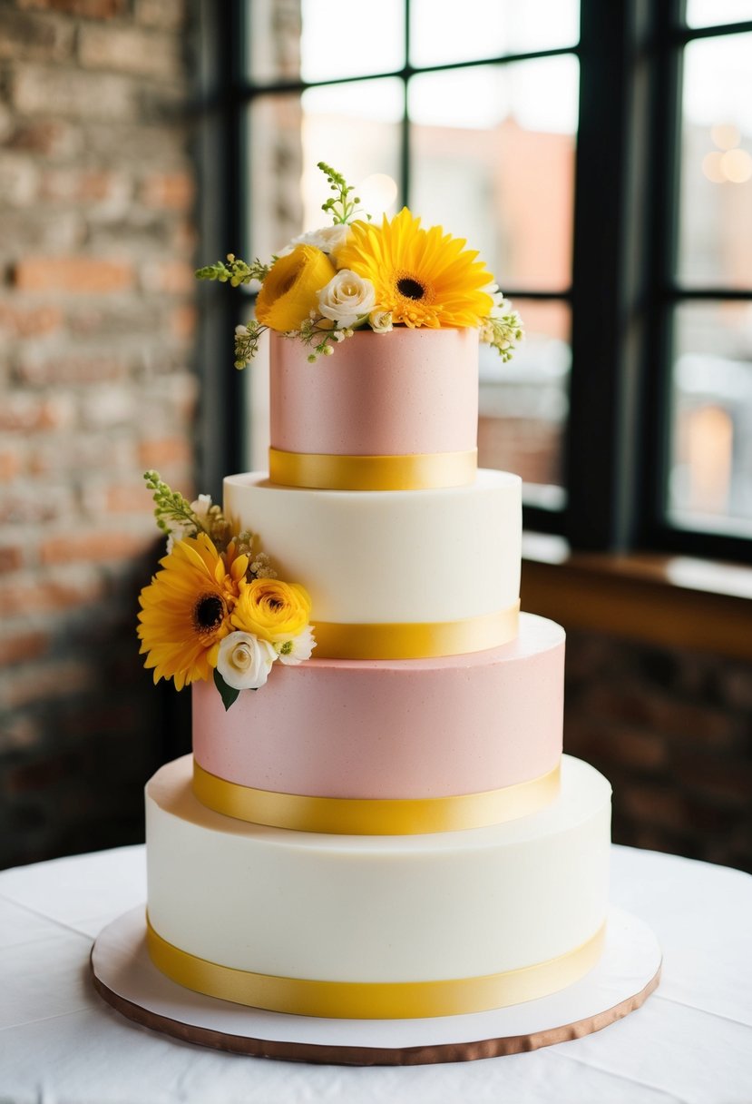 A tiered blush and vanilla cake adorned with yellow flowers and ribbons