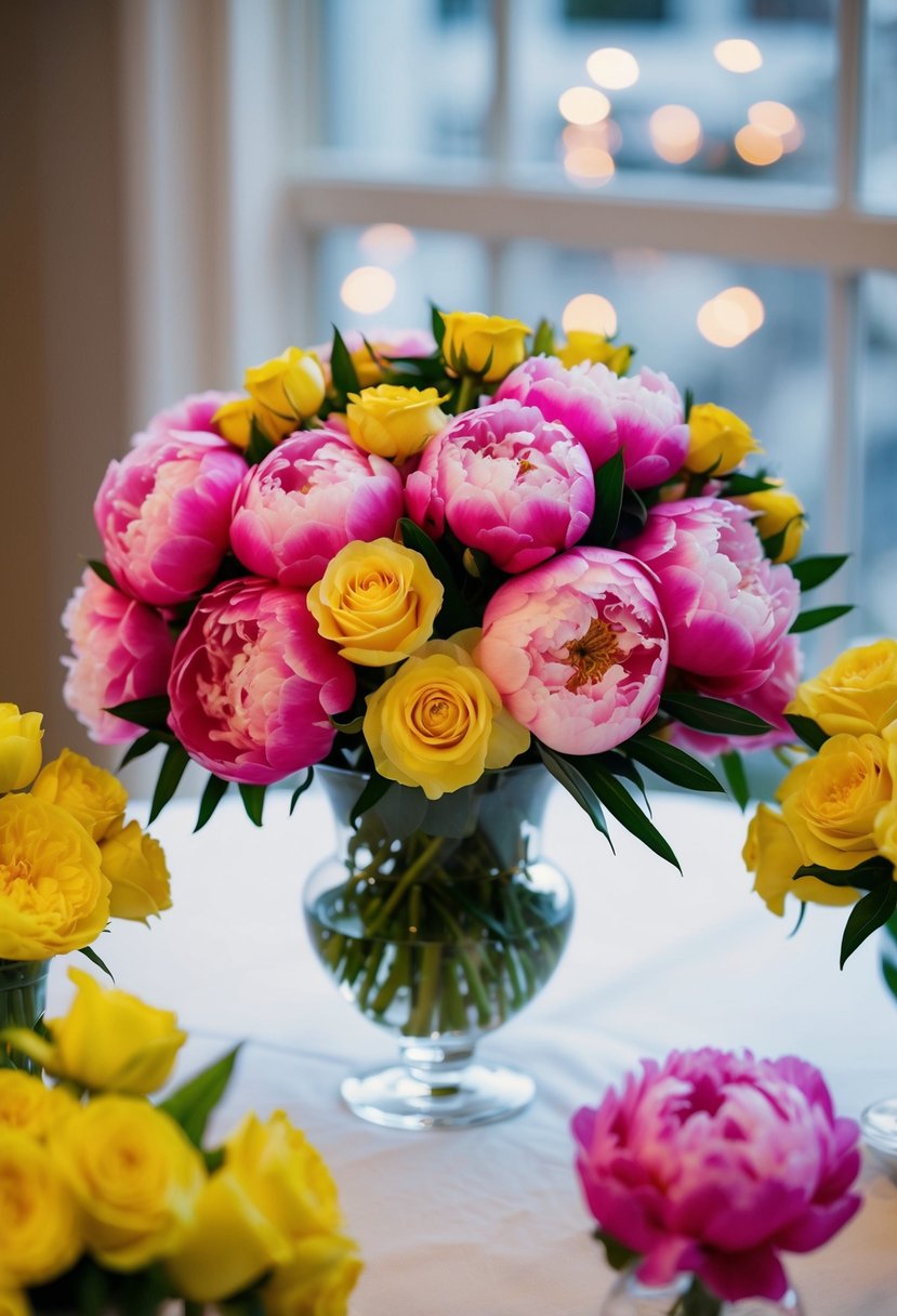 A lush bouquet of pink peonies and yellow roses arranged in a glass vase on a white tablecloth