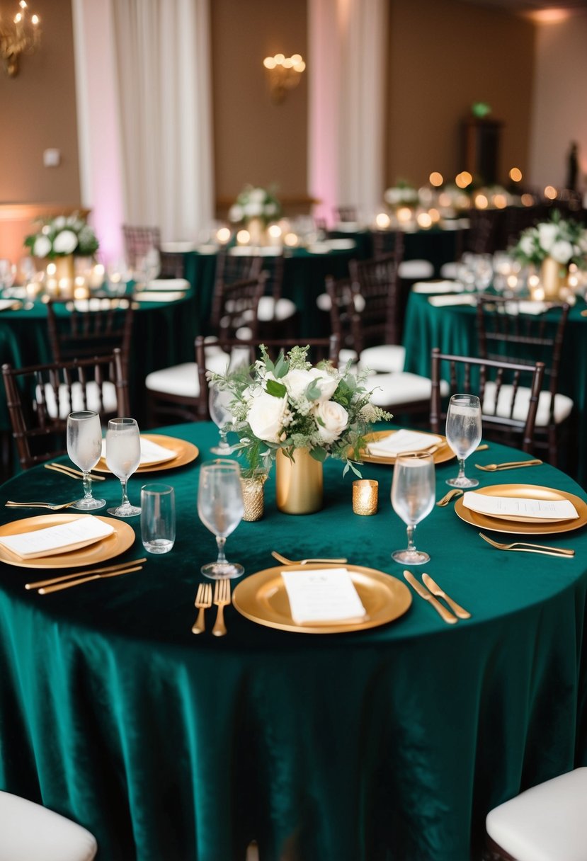 Dark green velvet tablecloths adorned with gold accents, set in an elegant wedding reception