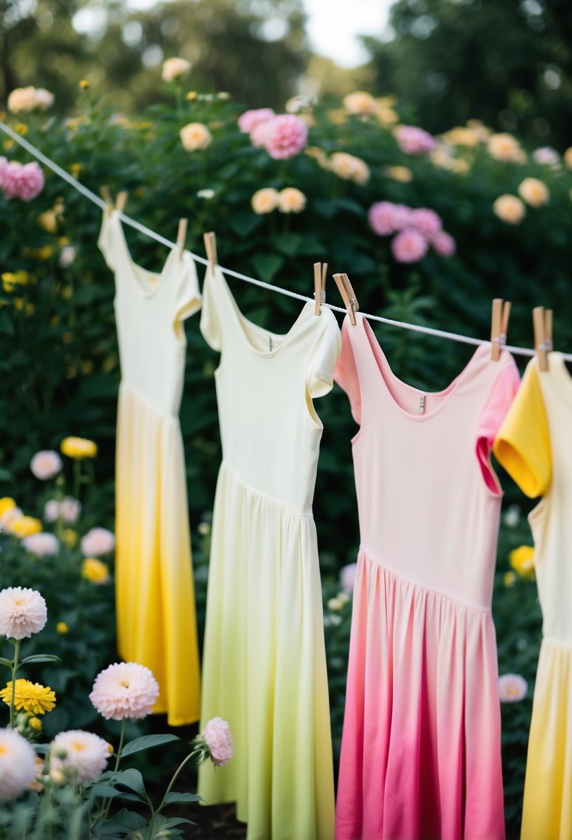 Pink and yellow ombre dresses hang on a clothesline in a garden, surrounded by pale pink and yellow flowers