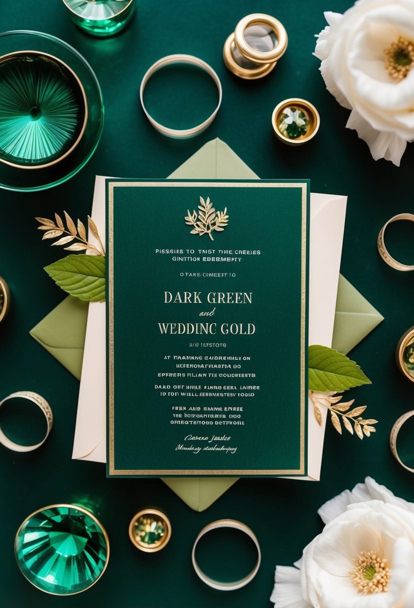 A dark green and gold wedding invitation surrounded by emerald and gold accents