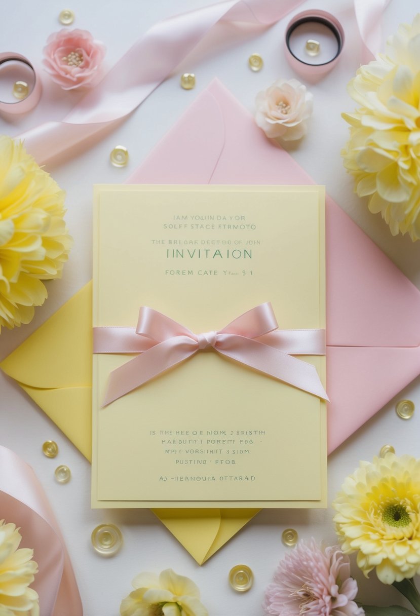 A soft pastel yellow invitation card adorned with a delicate pink ribbon, surrounded by pale pink and yellow wedding decor