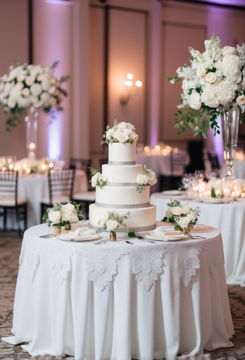 A grand white wedding reception with elegant floral centerpieces and a stunning white cake on a table adorned with delicate lace and silver accents