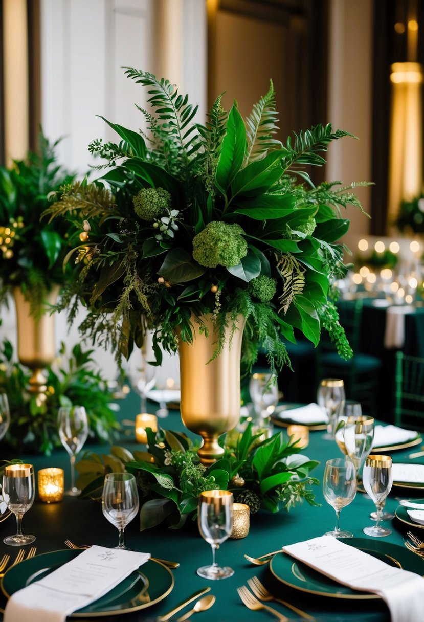 Lush green foliage and shimmering gold accents adorn elegant centerpieces, creating a luxurious and sophisticated ambiance for a dark green and gold themed wedding