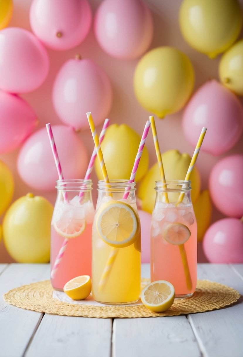 A lemonade stand with pink and yellow straws, set against a backdrop of pale pink and yellow wedding color ideas