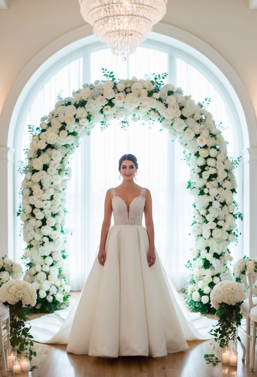 A bride in a white gown stands under an arch of white flowers, surrounded by elegant white decor and soft lighting