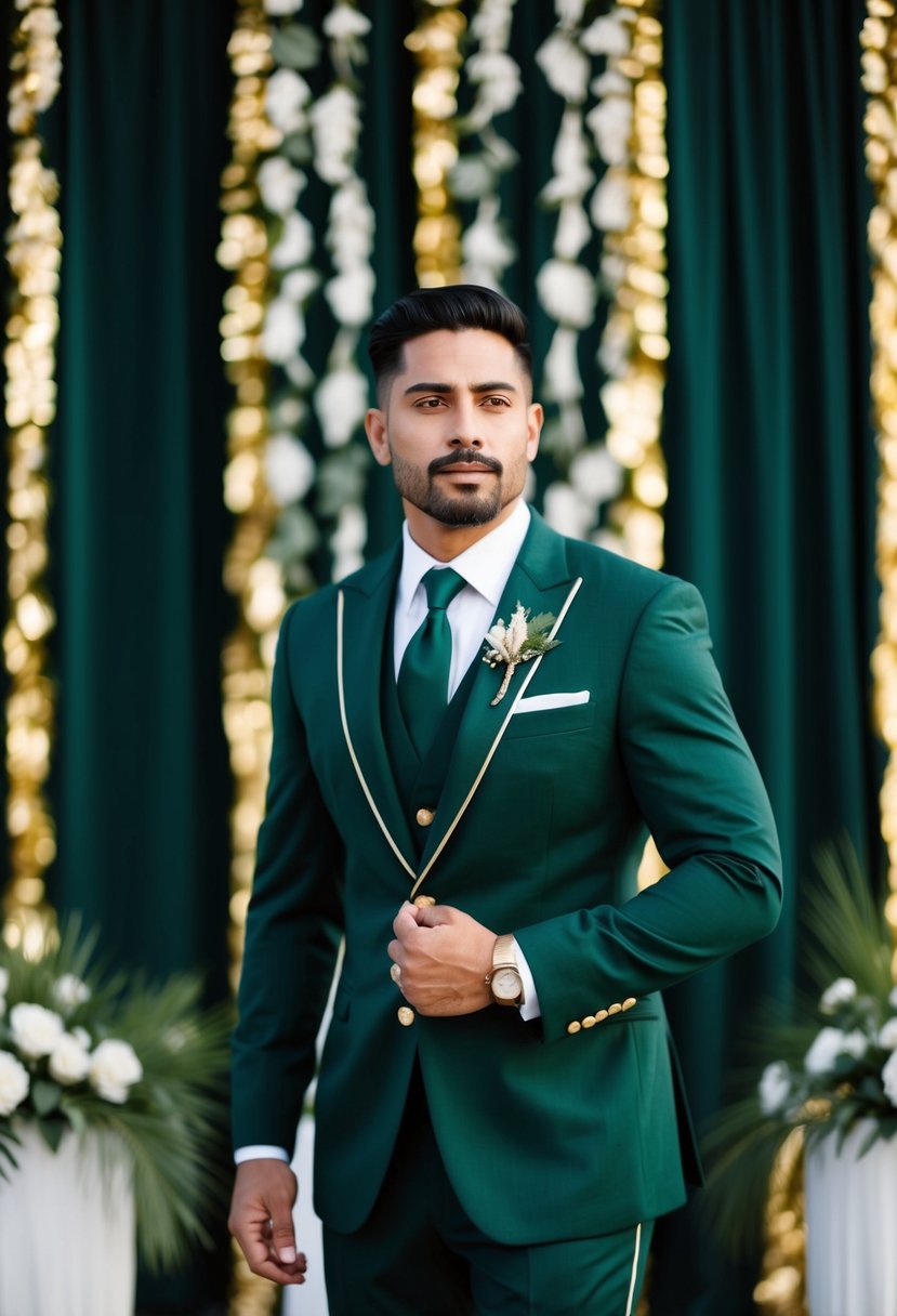 A dark green suit with gold accents stands against a backdrop of dark green and gold wedding decor