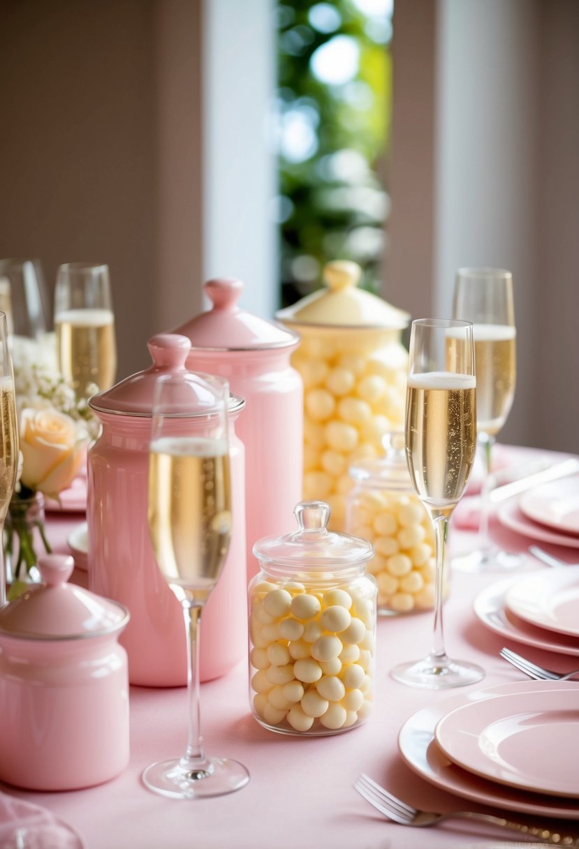 A table adorned with pastel pink and yellow candy jars and champagne glasses