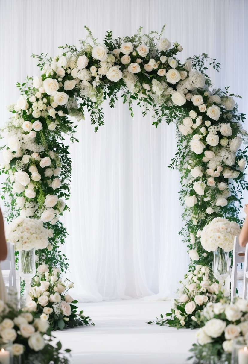 A pristine white wedding arch adorned with roses and peonies, surrounded by elegant floral arrangements and delicate white decor