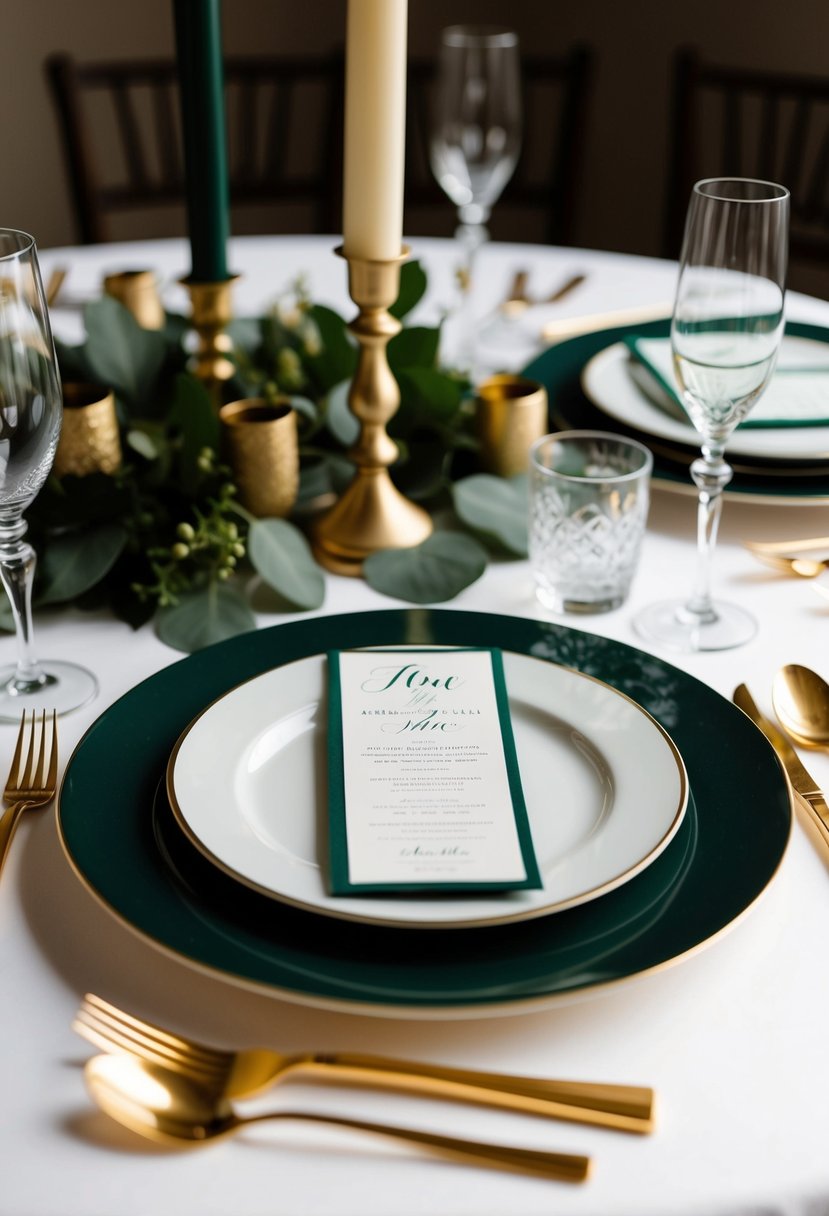 A table set with gold flatware, adorned with dark green and gold accents for a wedding celebration