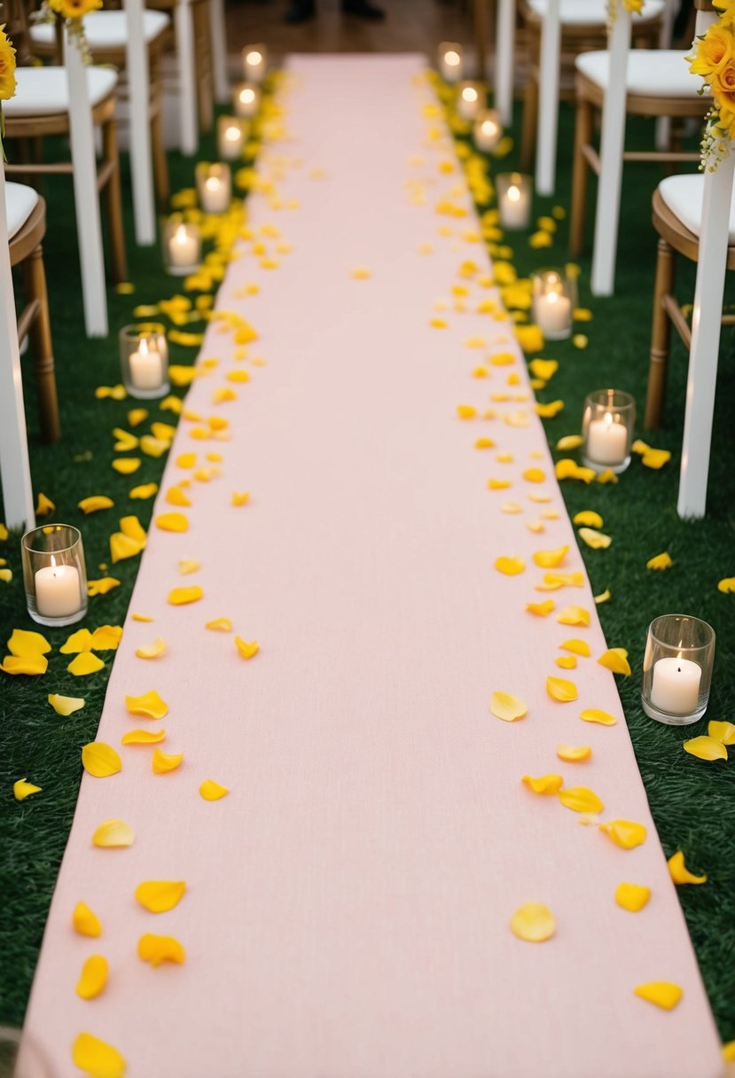 A pale pink ceremony aisle runner adorned with scattered yellow petals