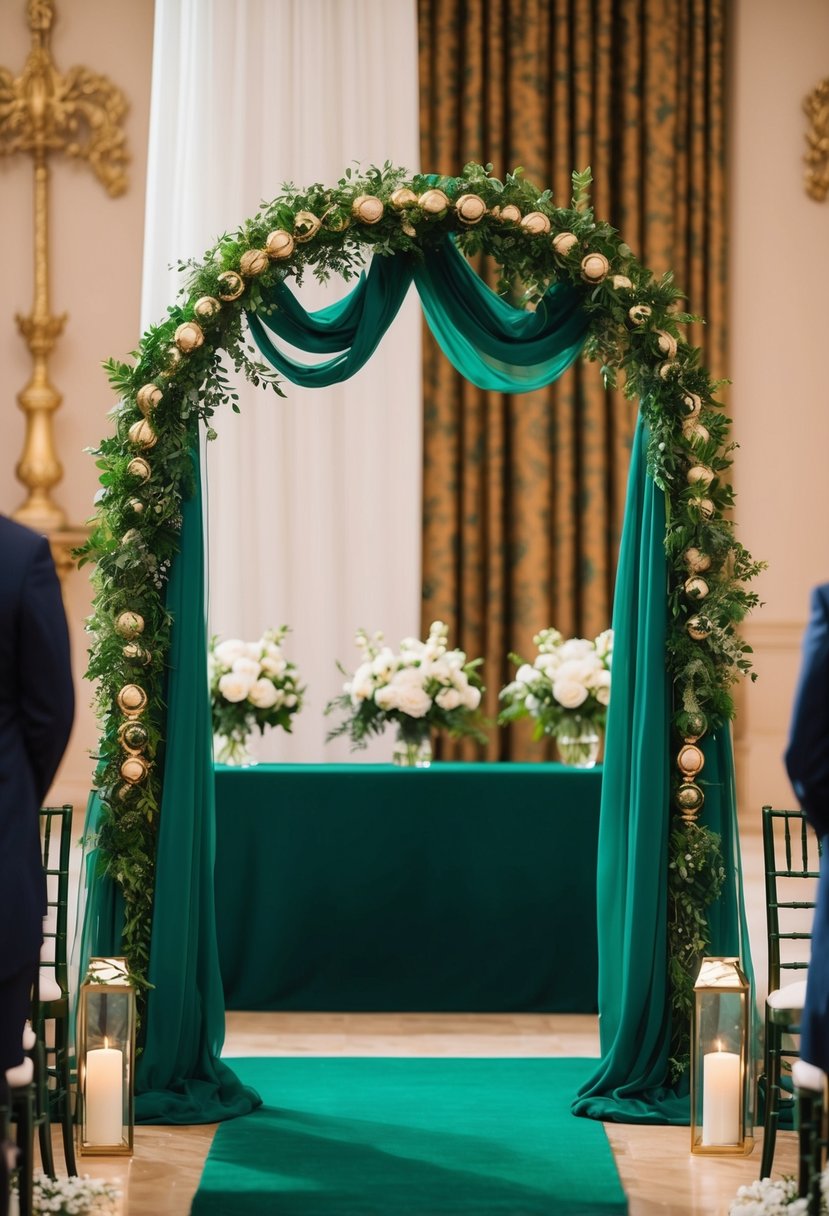 An emerald green ceremony arch adorned with dark green and gold accents