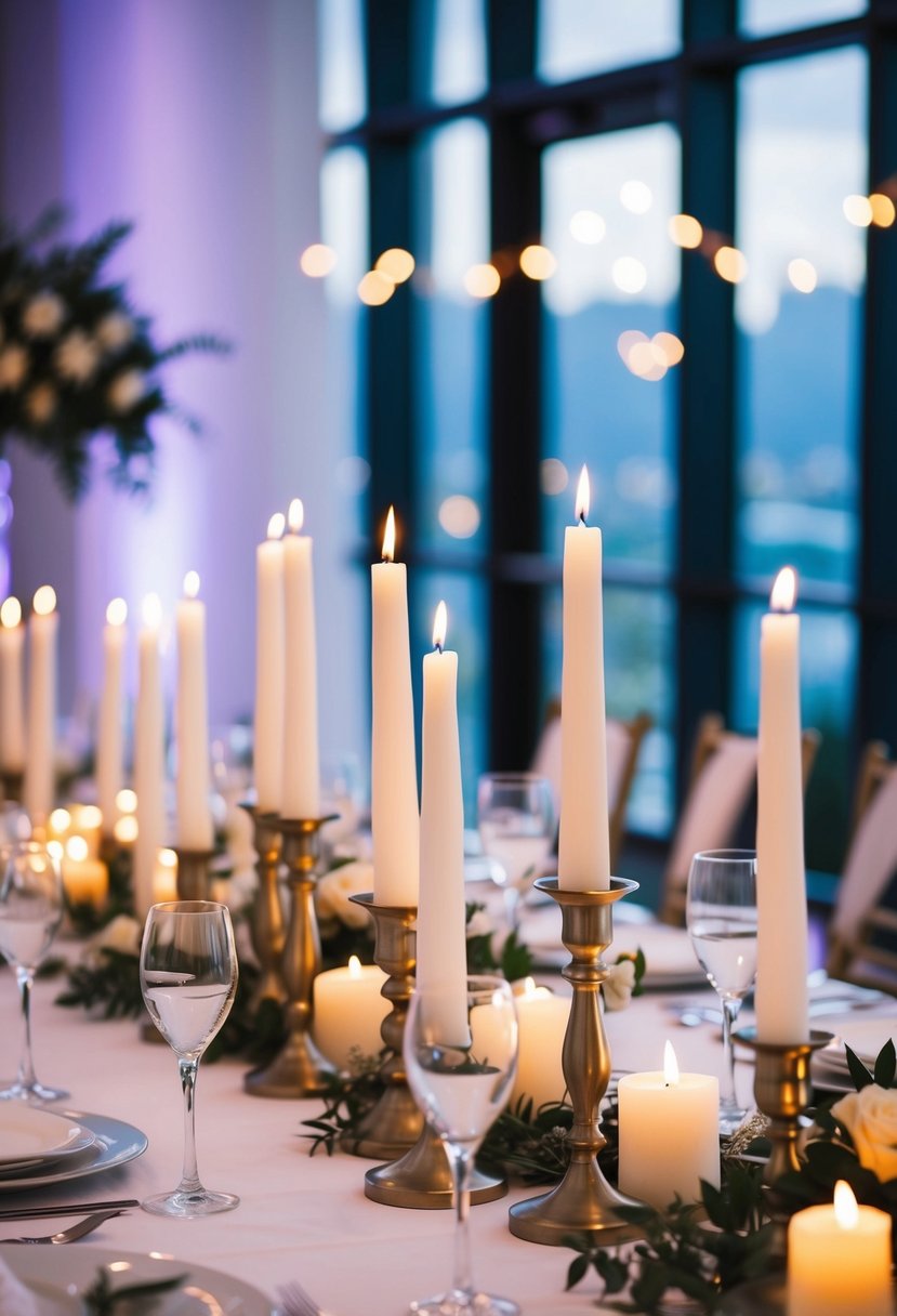 A table set with white tapered candles in elegant holders, casting a soft glow in a stylish wedding reception