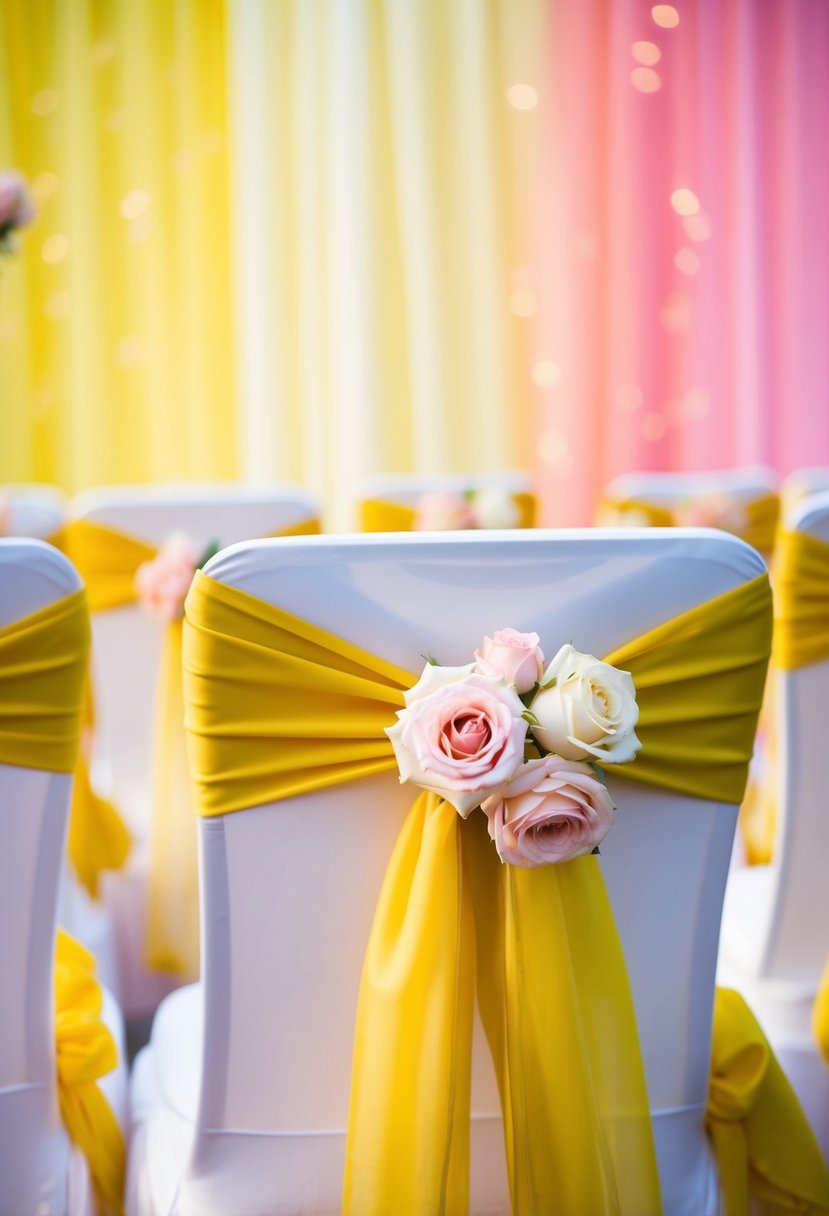 Yellow chair sashes adorned with pale pink roses, set against a backdrop of soft yellow and pink hues