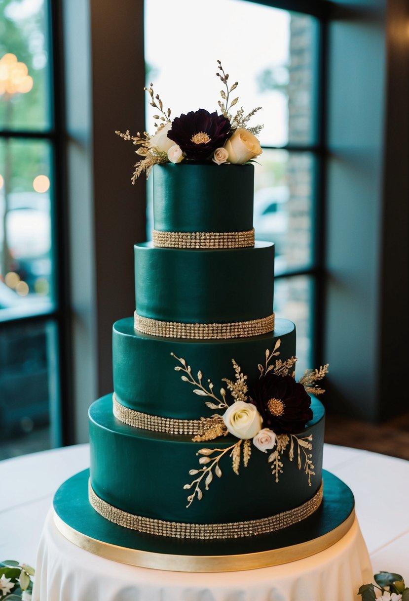 A three-tiered wedding cake with dark green and gold accents, adorned with intricate floral designs and shimmering details