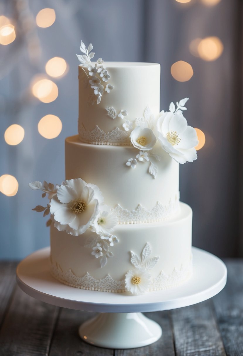 A white wedding cake with delicate floral and lace detailing