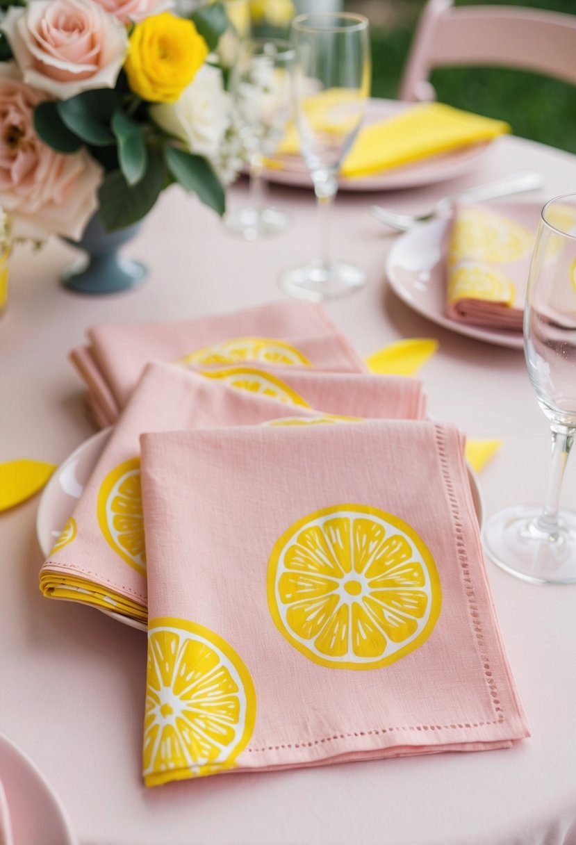 Blush pink napkins with lemon print arranged on a table with pale pink and yellow wedding decor