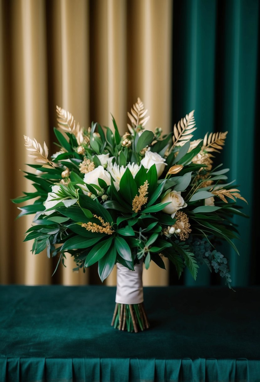 A lush bridal bouquet featuring deep green foliage and golden accents, set against a dark green and gold wedding color palette