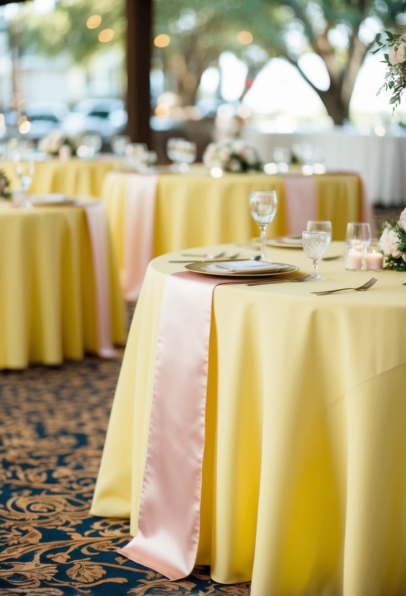 Soft yellow tablecloths with pale pink table runners on wedding reception tables