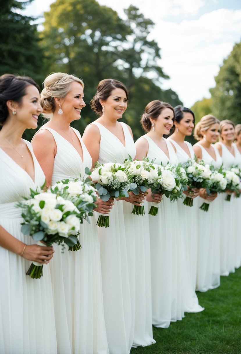 Bridesmaids in white, holding bouquets, stand in a row at an elegant white wedding