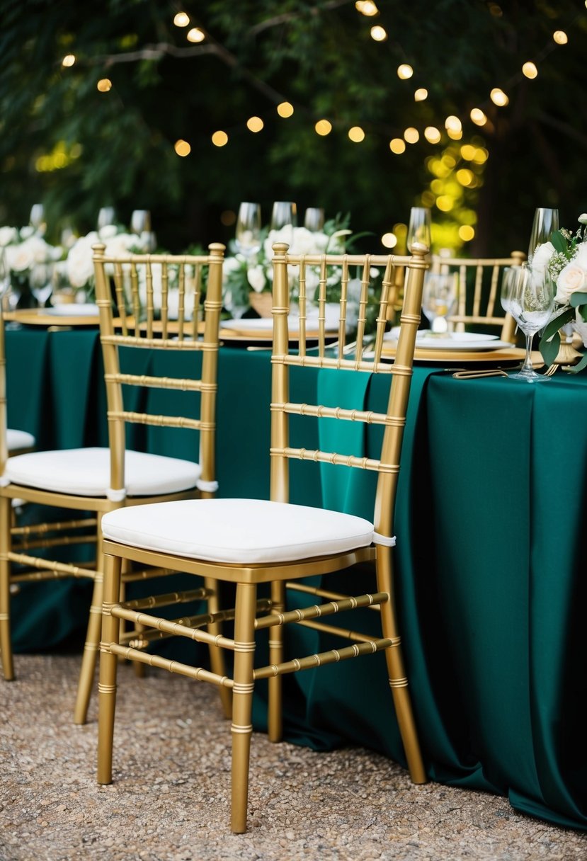 Gold Chiavari Chairs arranged in a dark green and gold wedding setting, with elegant floral decor and soft lighting