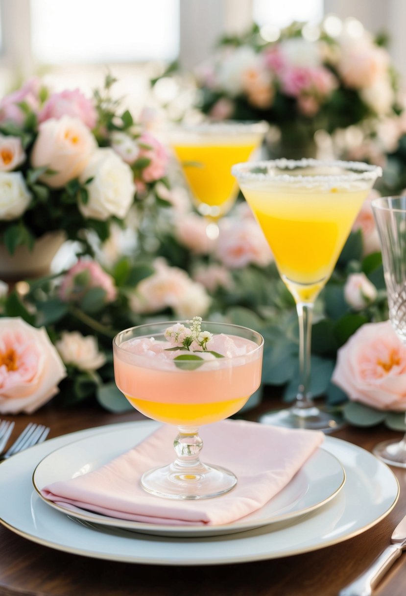 A table set with pale pink and yellow cocktails, surrounded by floral arrangements in the same colors, creating a soft and romantic wedding ambiance