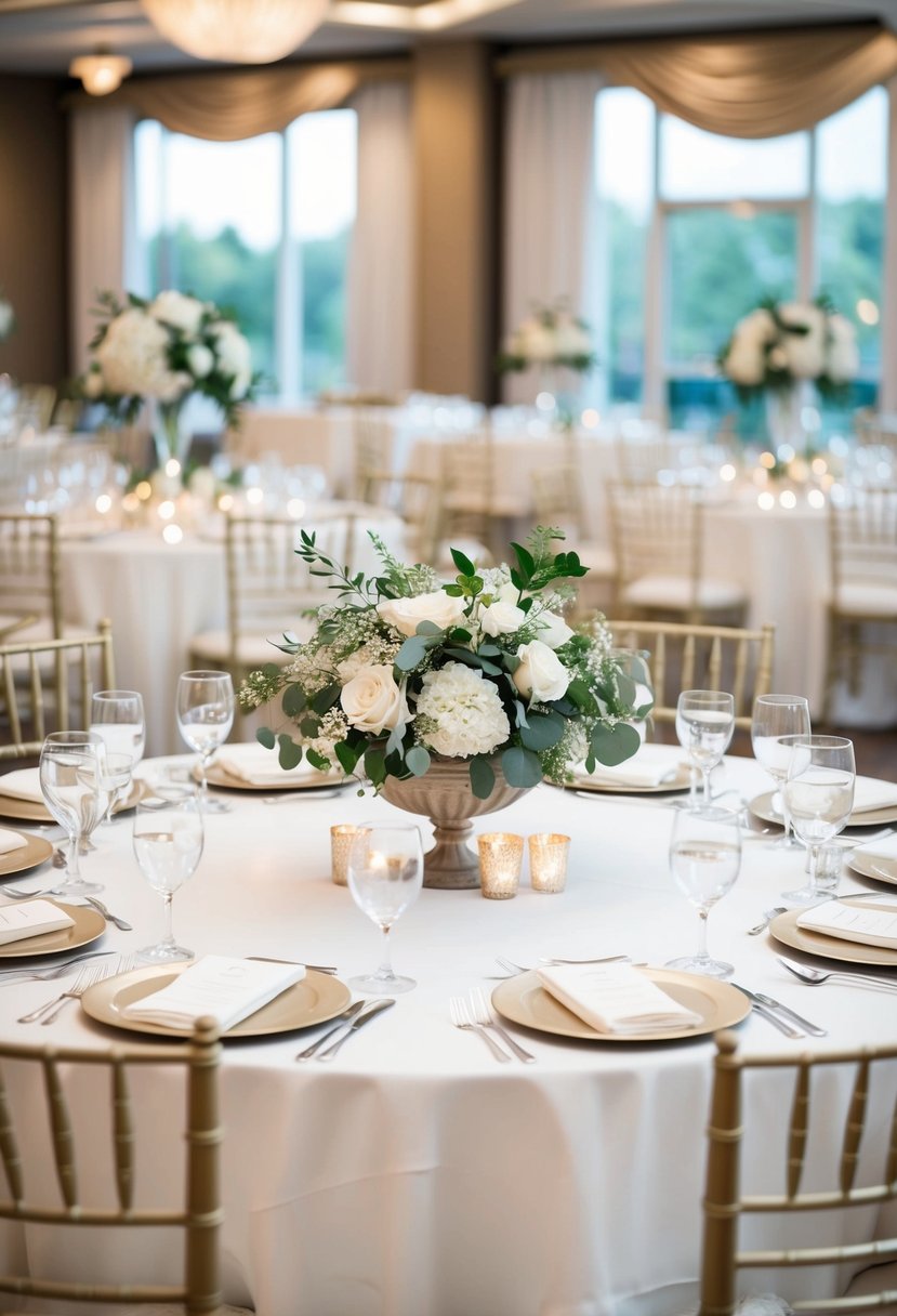 A table set with white and ivory tablecloths, adorned with elegant wedding decor and floral arrangements