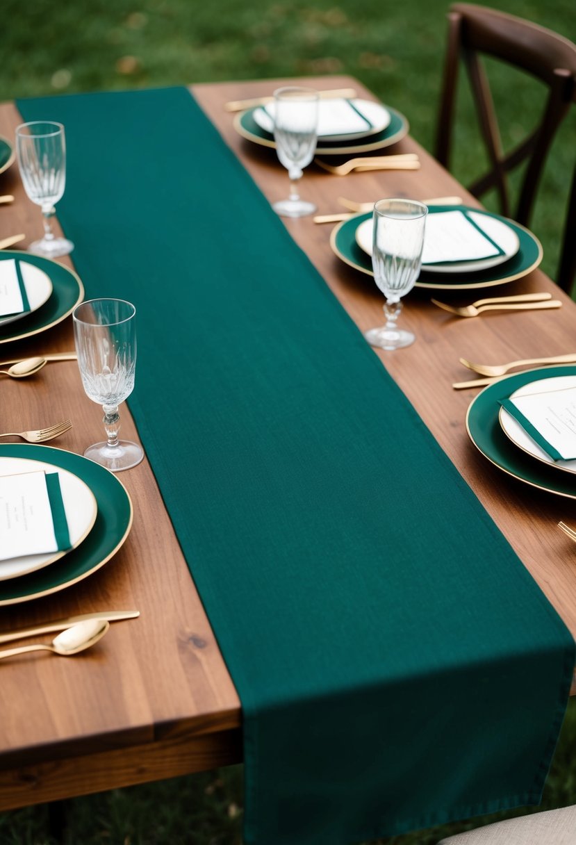 A dark green table runner with gold accents lays across a wooden table, creating an elegant and sophisticated wedding color scheme