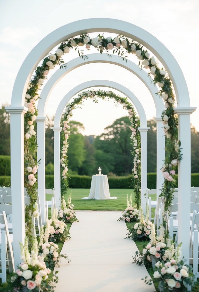 White arches frame a serene outdoor ceremony, adorned with delicate floral arrangements and soft drapery