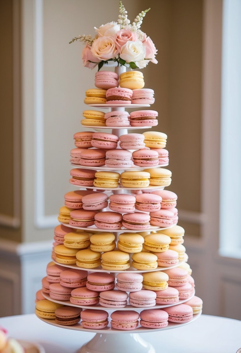 A tall tower of pastel pink and yellow macarons, arranged in an elegant display for a wedding celebration