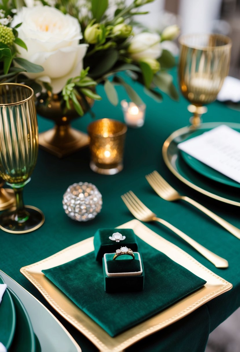 An emerald green ring box sits on a dark green and gold table, surrounded by wedding decor in coordinating colors