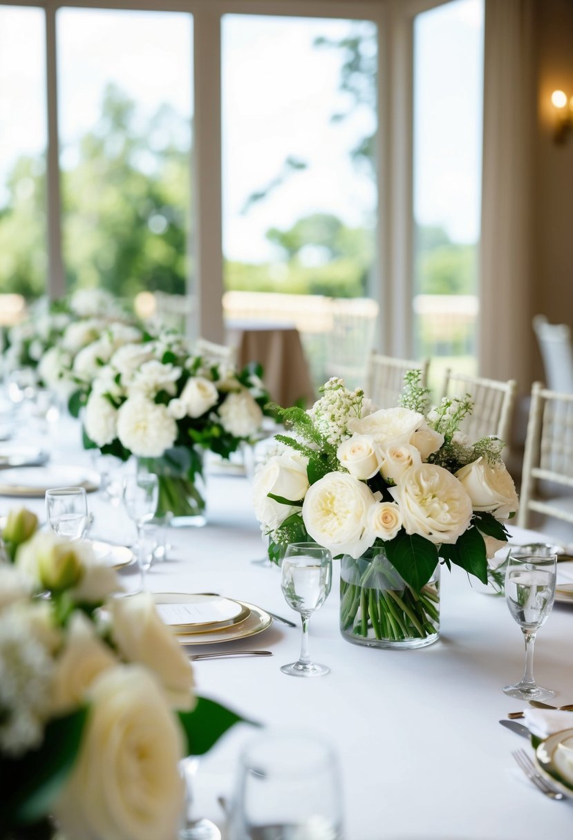 A table set with classic white bouquets, ready for the elegant bridal party at a white wedding