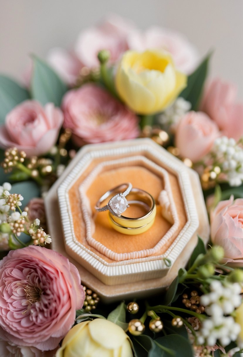 Delicate pale pink and yellow wedding rings surrounded by blush and gold floral arrangements and decor