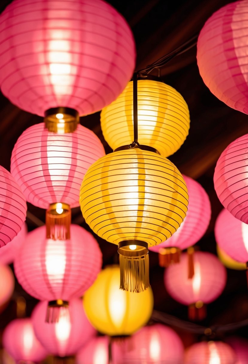 Pink and yellow paper lanterns glowing in soft pink lighting