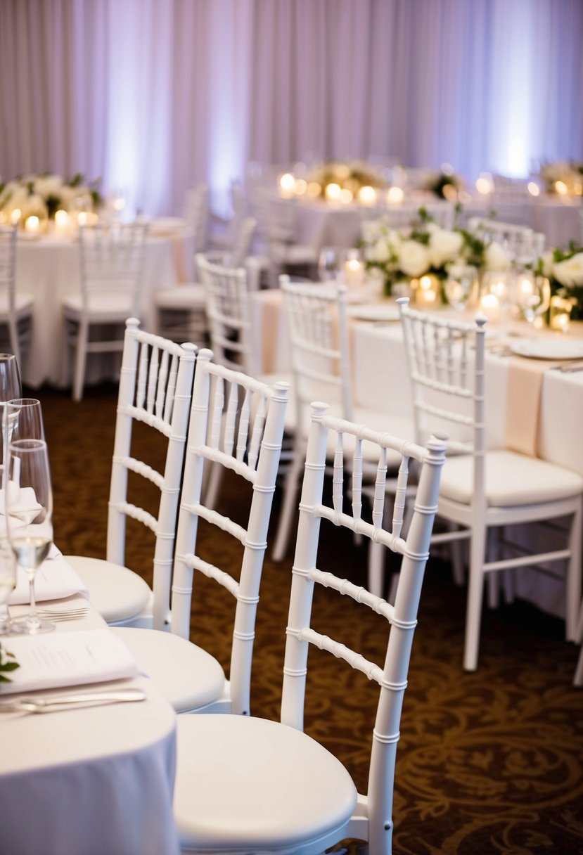 White reception chairs arranged in an elegant setting for a wedding