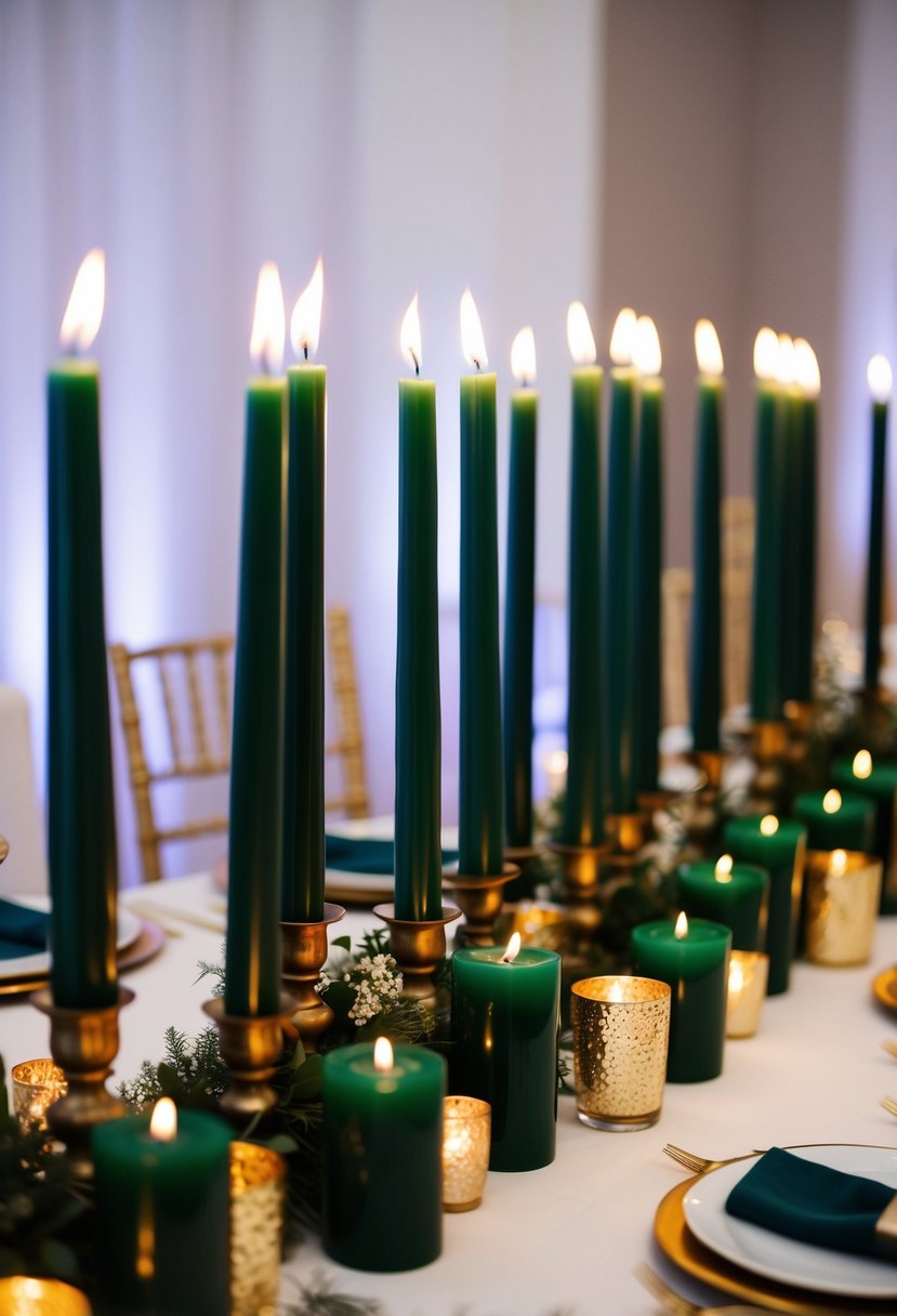 Dark green candles arranged with gold accents on a wedding reception table