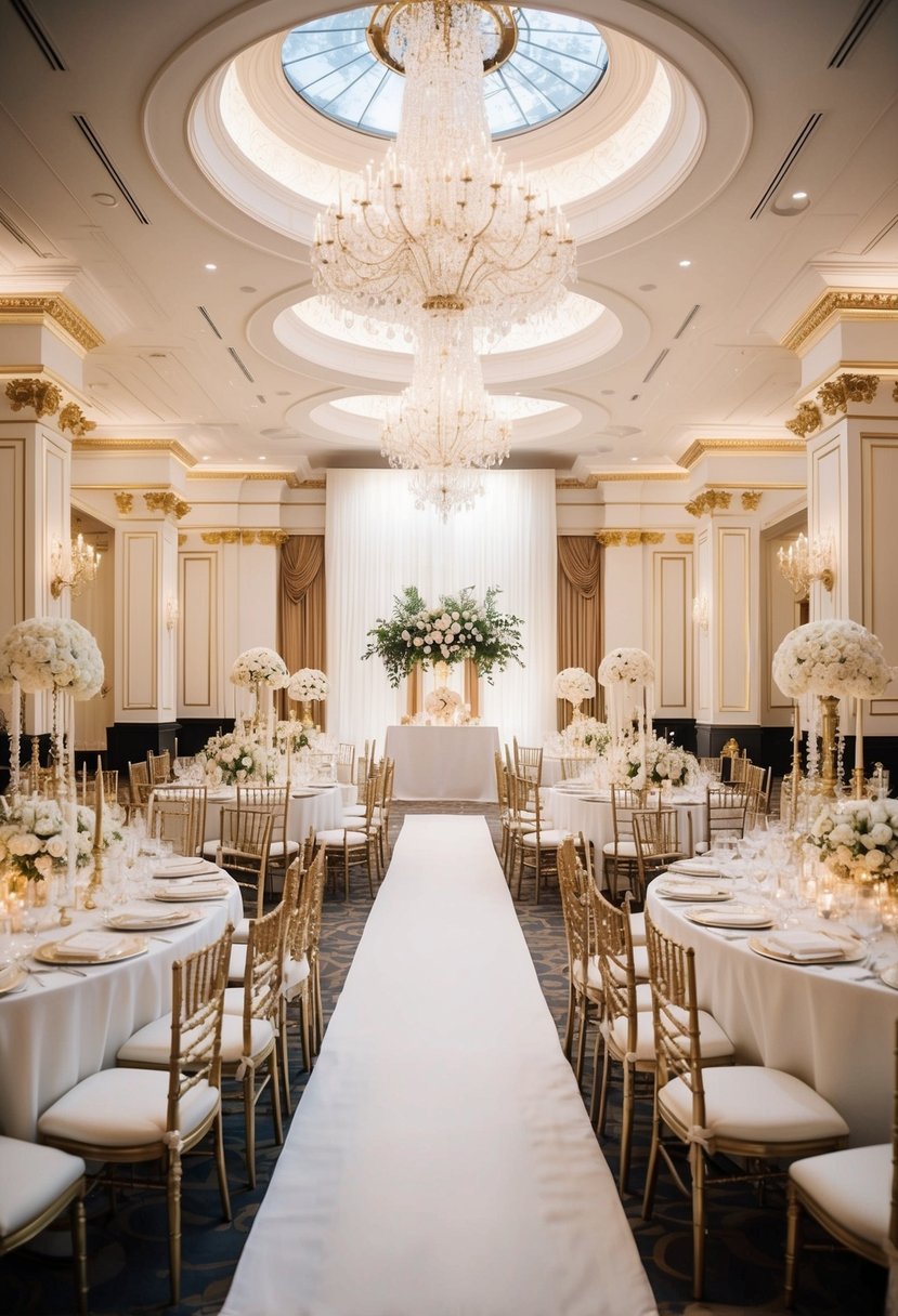 A grand white wedding venue adorned with gold details and opulent accents exuding a luxurious and elegant atmosphere