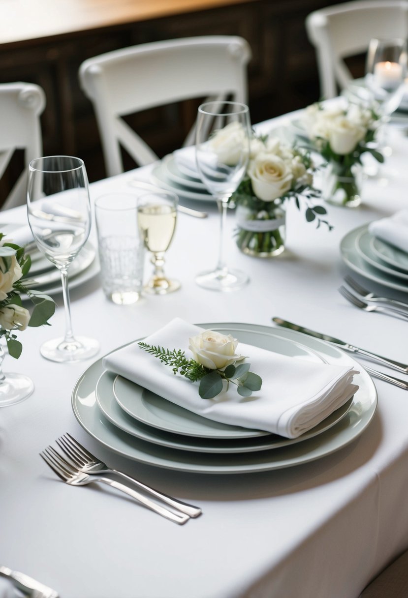 A table set with crisp white napkins and elegant tableware, creating a clean and sophisticated wedding tablescape