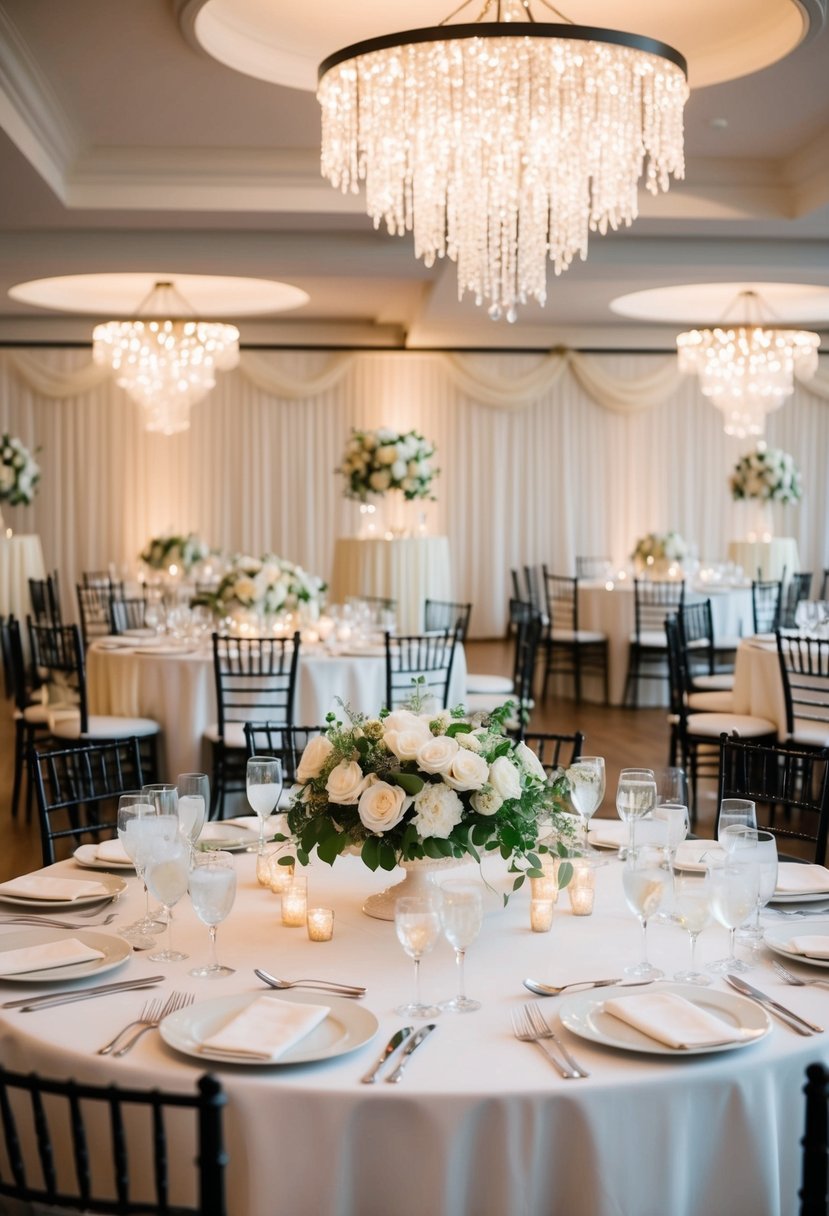 Elegant white wedding reception with cream decorations and floral arrangements