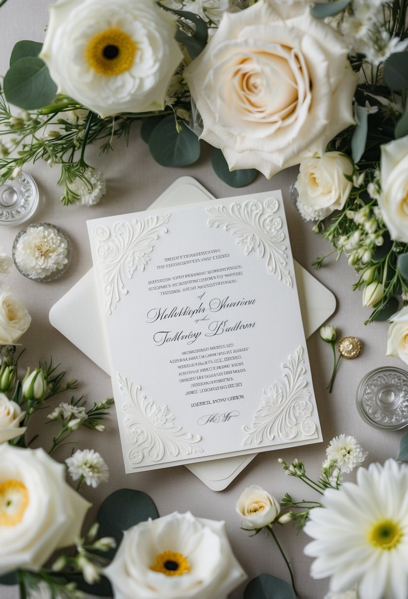 A white wedding invitation with embossed details surrounded by delicate floral arrangements and elegant decor