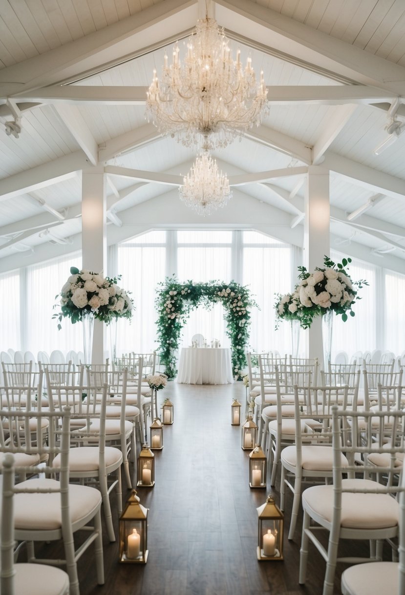 An elegant wedding venue with white structural elements and decor