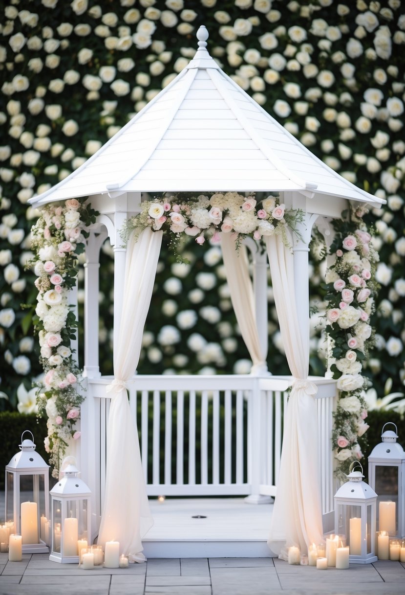 A white gazebo adorned with flowers and flowing drapes, surrounded by white lanterns and candles, set against a backdrop of white roses and lilies