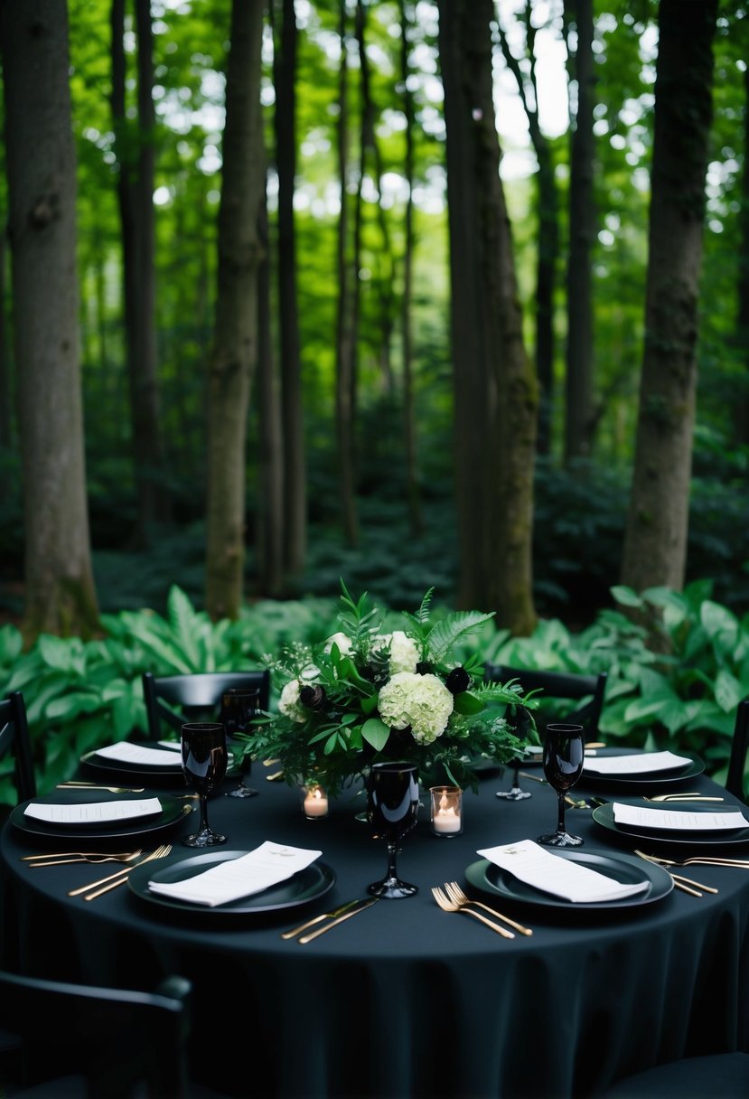 A lush green forest with black accents: a dark, elegant wedding table set with green foliage and black tableware