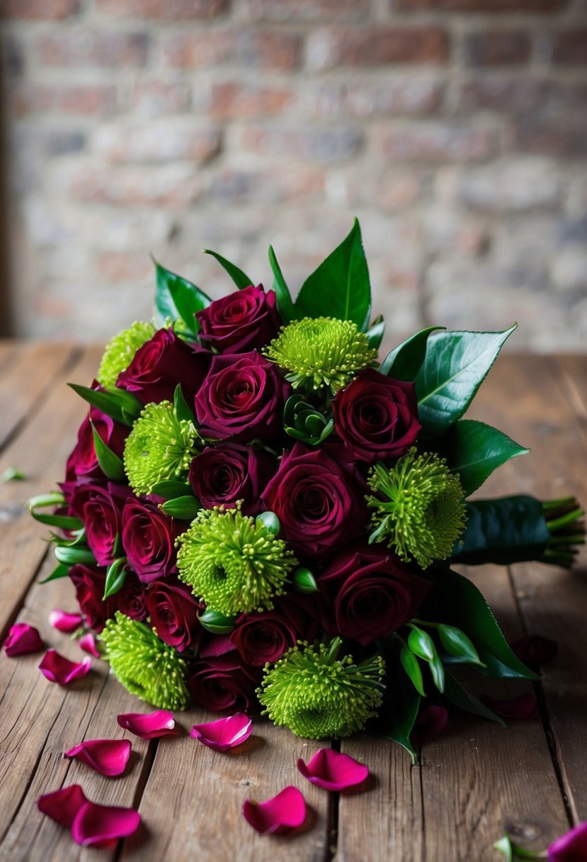 A lush, burgundy and emerald green wedding bouquet nestled on a rustic wooden table, surrounded by scattered rose petals