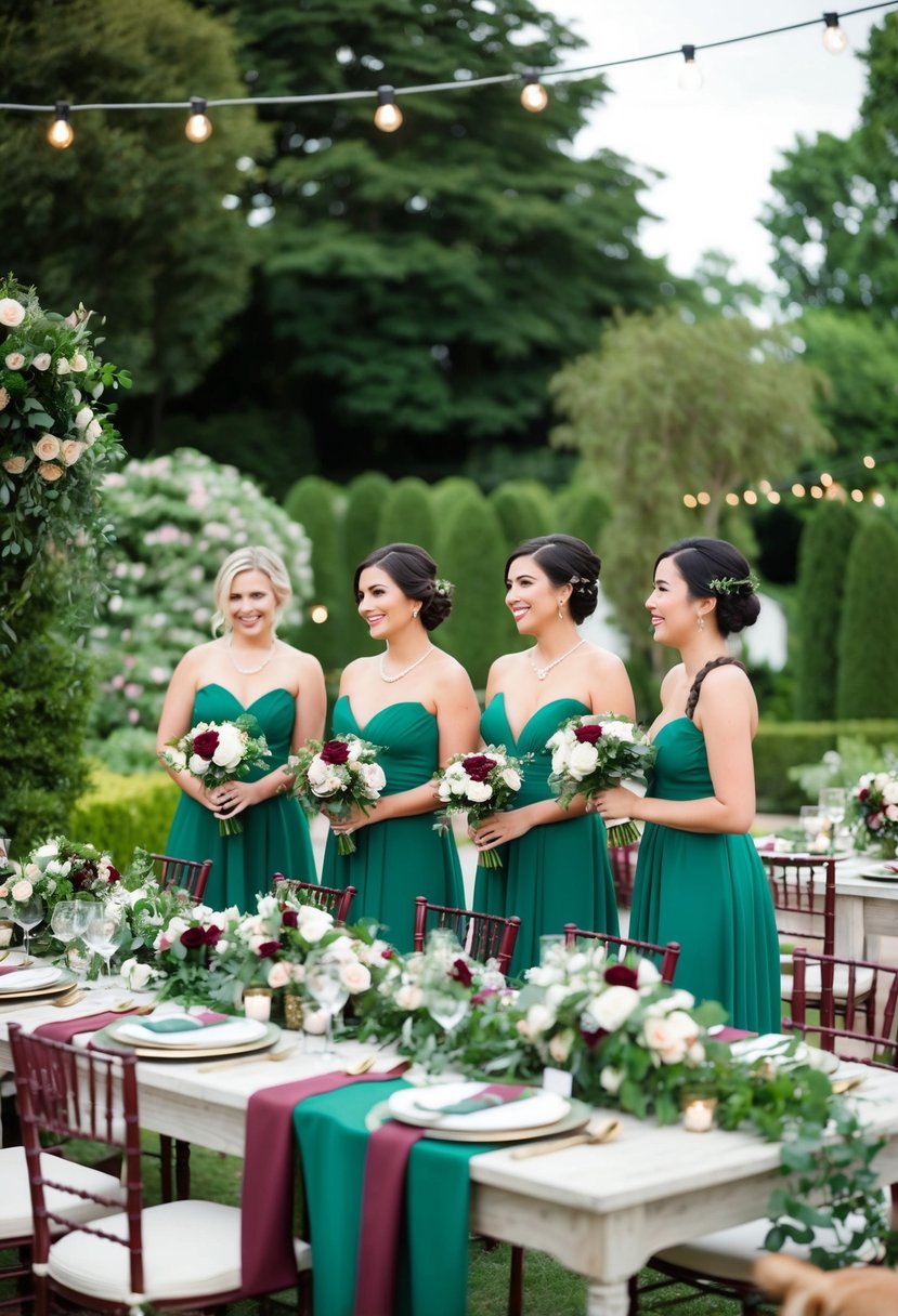 A lush garden wedding with emerald green bridesmaid dresses and accents of burgundy. Flowers, greenery, and elegant table settings complete the scene