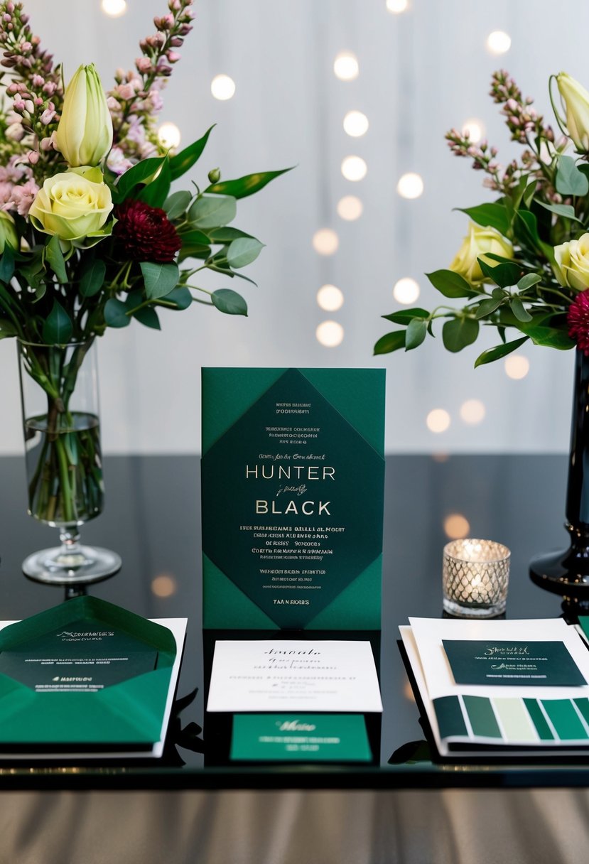 A hunter green and black invitation suite displayed on a sleek, modern table with coordinating wedding color swatches and floral arrangements