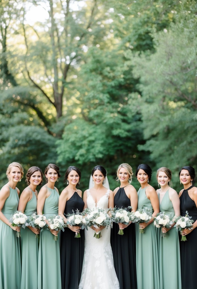 Sage green and black bridesmaid dresses arranged in a wedding color palette