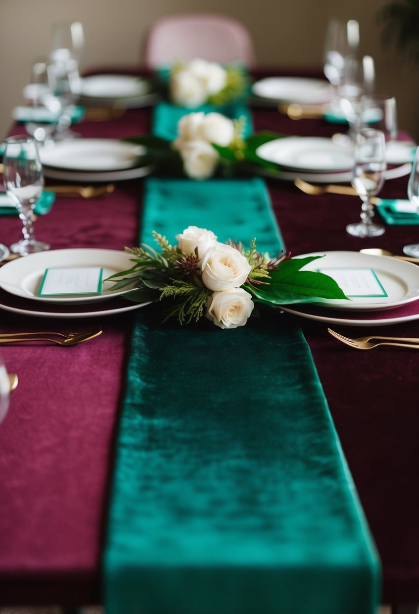 A long burgundy velvet table runner with emerald green accents