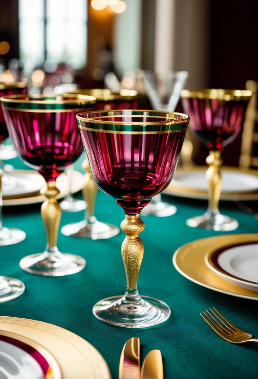 Gold-rimmed glassware with rich burgundy and emerald green accents, arranged on a table