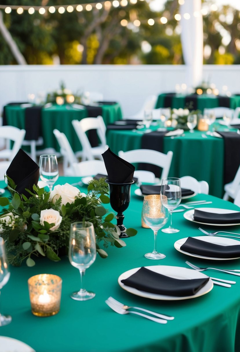 Emerald green tablecloths with black napkins arranged on a wedding reception table